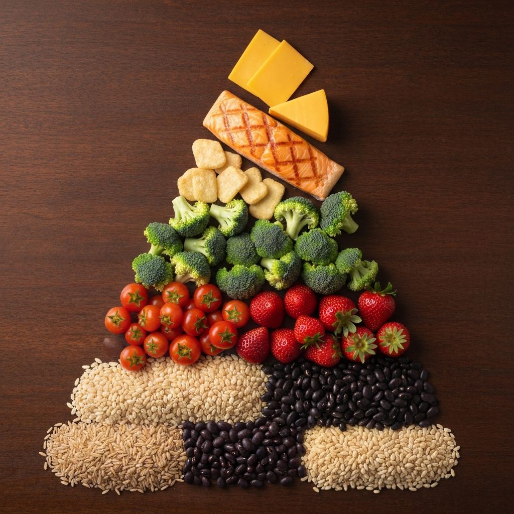 Composición de alimentos en pirámide: cereales, frutas, verduras, proteínas