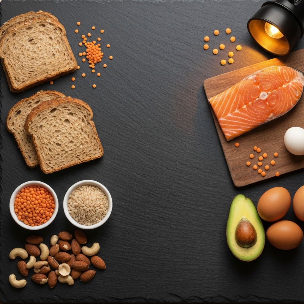 Alimentos representativos de los macronutrientes: granos, proteínas y grasas saludables